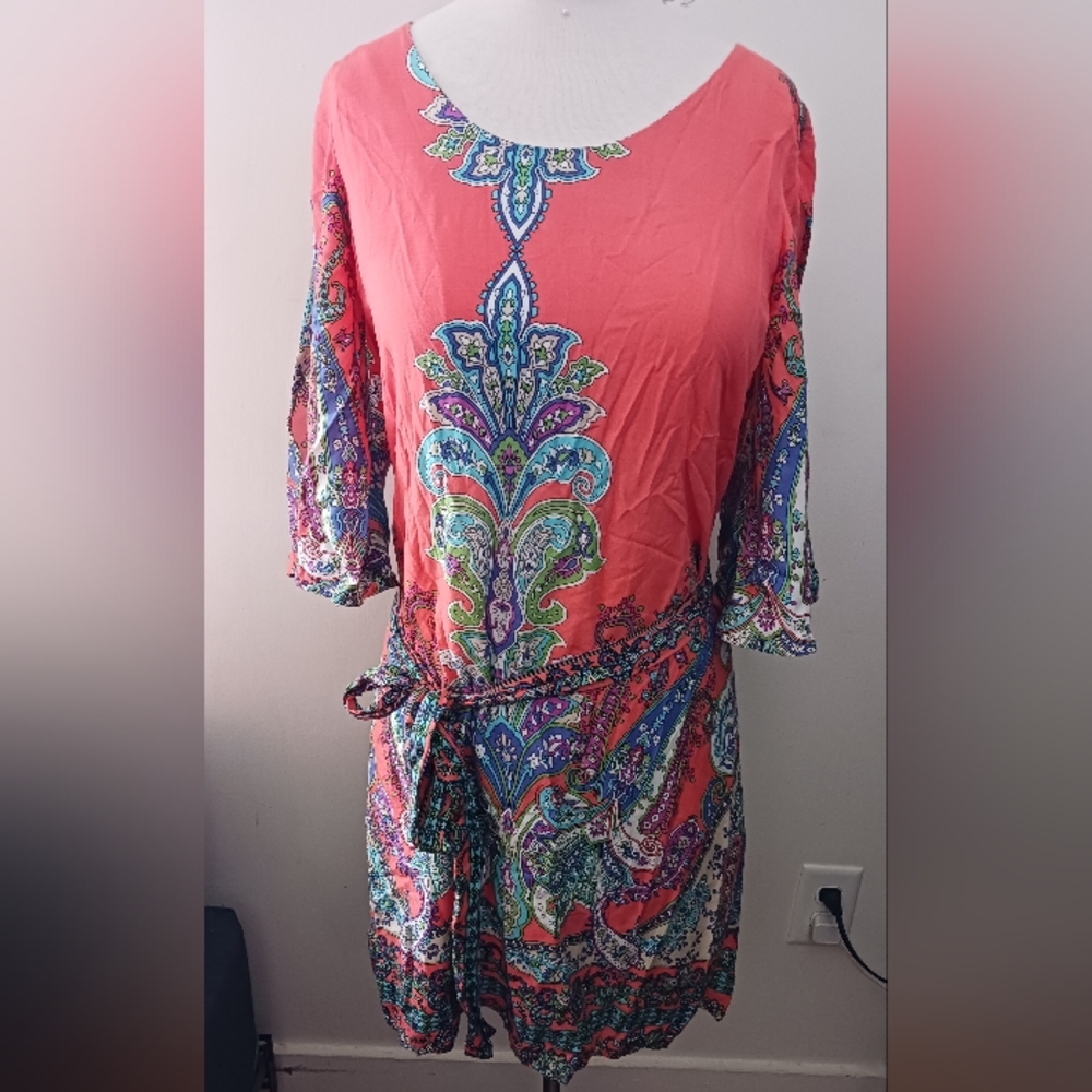 Uncle Frank Womans Med Paisley Coral W Removable Belt Knee High Dress
